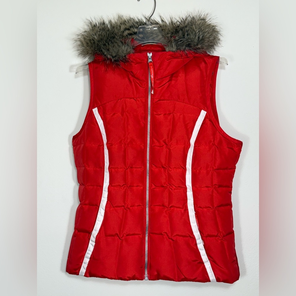 🎉HP🎉 Eddie Bauer Womens Red Orange Goose Down Puffer Vest Faux Fur Hood Size S